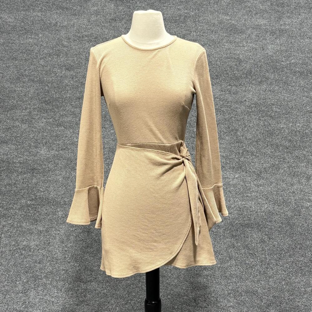 Hello Molly Dress Womens Small Beige Long Sleeve Textured Tie Waist Flare Hem